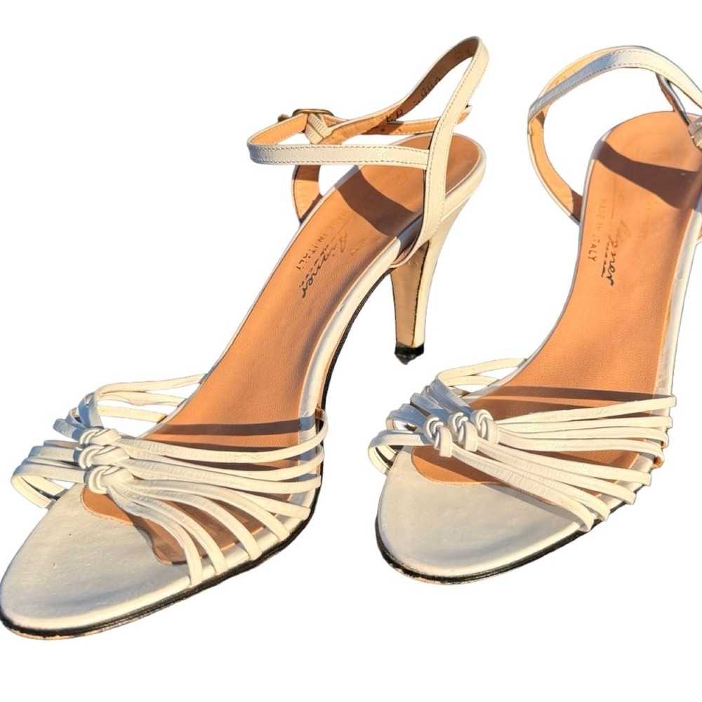 Etienne Aigner Strappy Sandals White 8.5 Narrow Leather Knotted Heels Bridal